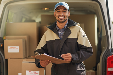 portrait of a smiling delivery man standing in front of his van holding a package